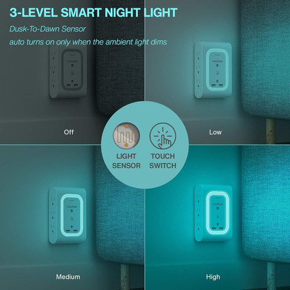 Surge Protector Outlet Extender with Dusk-to-Dawn Night Light, 6-Outlet Adapter and 2 USB Ports, 1080J Wall Mount for Hallway, Stairs, Bathroom, and Kitchen (Ice Blue Light)