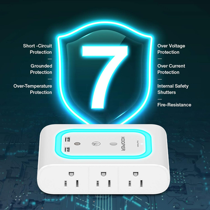 Surge Protector Outlet Extender with Dusk-to-Dawn Night Light, 6-Outlet Adapter and 2 USB Ports, 1080J Wall Mount for Hallway, Stairs, Bathroom, and Kitchen (Ice Blue Light)