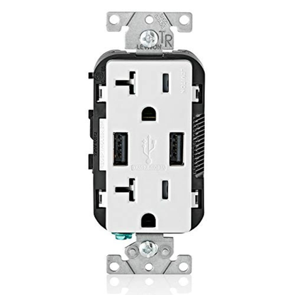 T5832-W Type-A USB In-Wall Charger with 20A Tamper-Resistant Outlet for Smartphones, White Finish