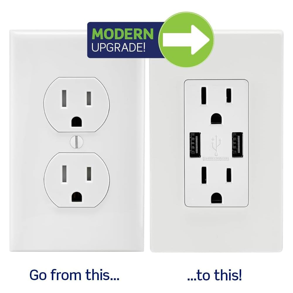 T5832-W Type-A USB In-Wall Charger with 20A Tamper-Resistant Outlet for Smartphones, White Finish