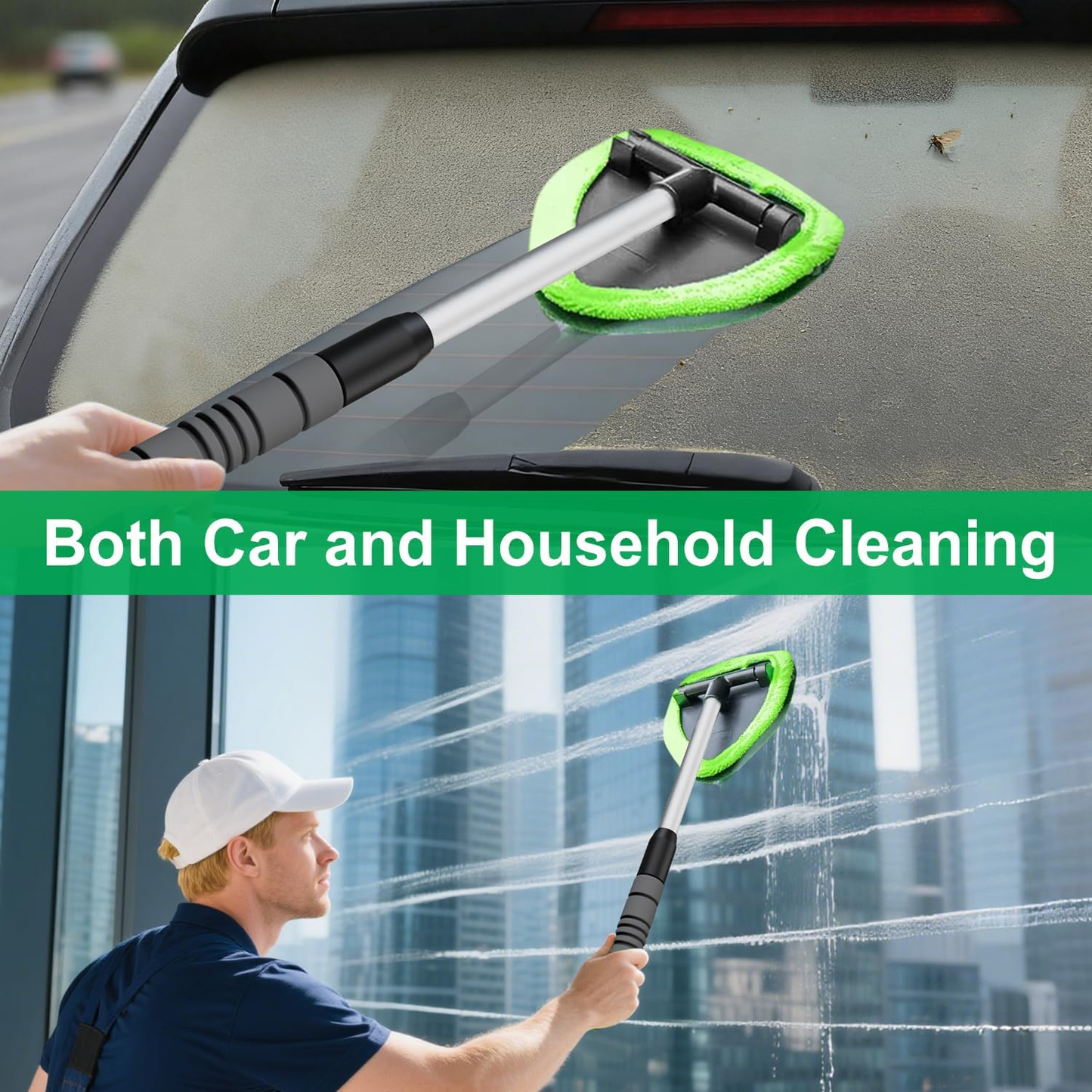 Ultimate Windshield Cleaner Tool – Upgrade Your Car and Home Cleaning with Large Head, Extendable Handle & 4 Microfiber Pads for a Spotless Shine!