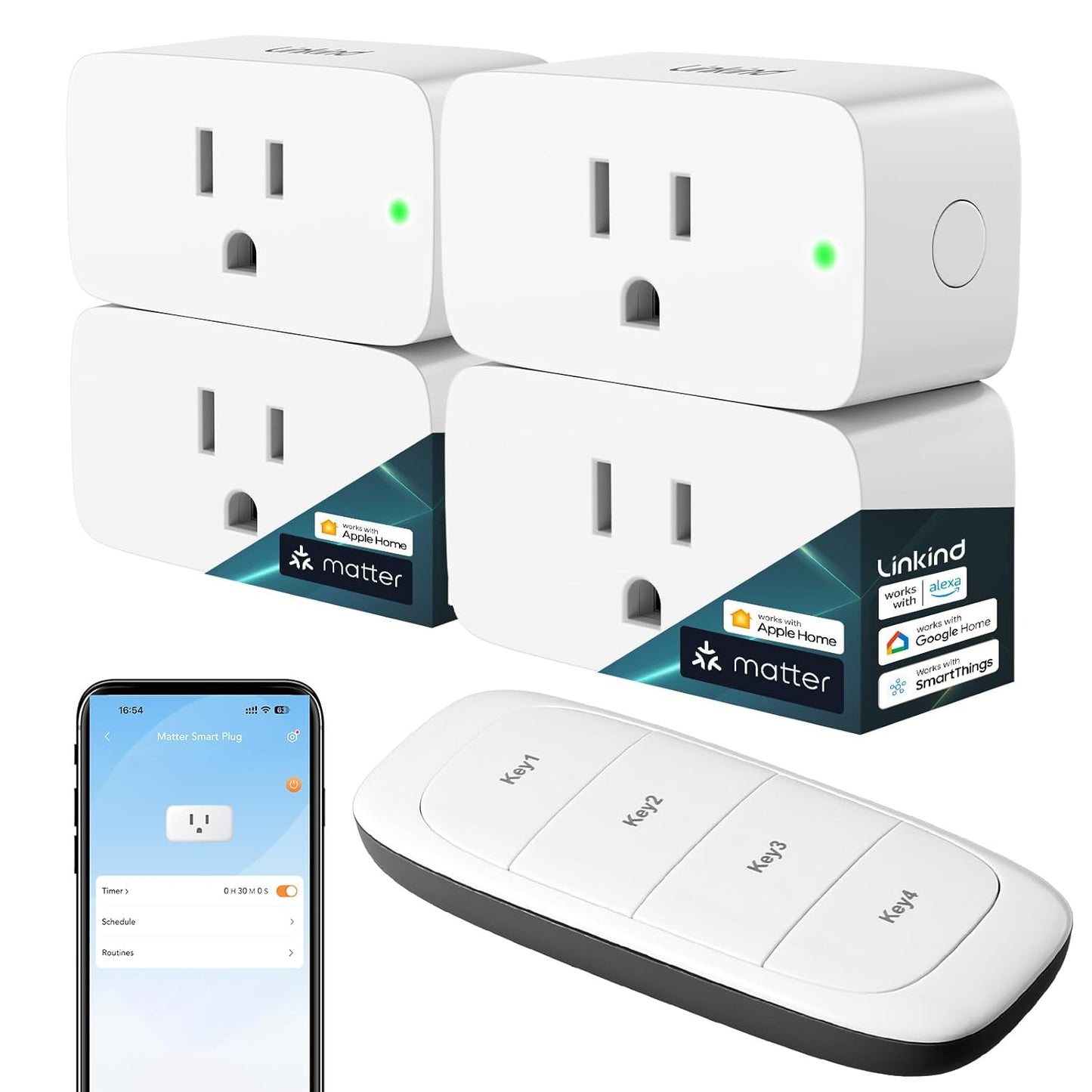 Matter Smart Plug - Compatible with Apple Home, Siri, Alexa, Google Assistant, and SmartThings - 15A/1800W Max - Smart Home Automation with APP Remote Control, Timer & Schedule - 2.4G Wi-Fi Only - Pack of 4