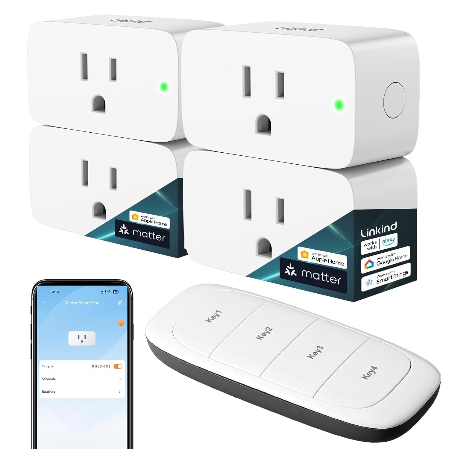 Matter Smart Plug - Compatible with Apple Home, Siri, Alexa, Google Assistant, and SmartThings - 15A/1800W Max - Smart Home Automation with APP Remote Control, Timer & Schedule - 2.4G Wi-Fi Only - Pack of 4