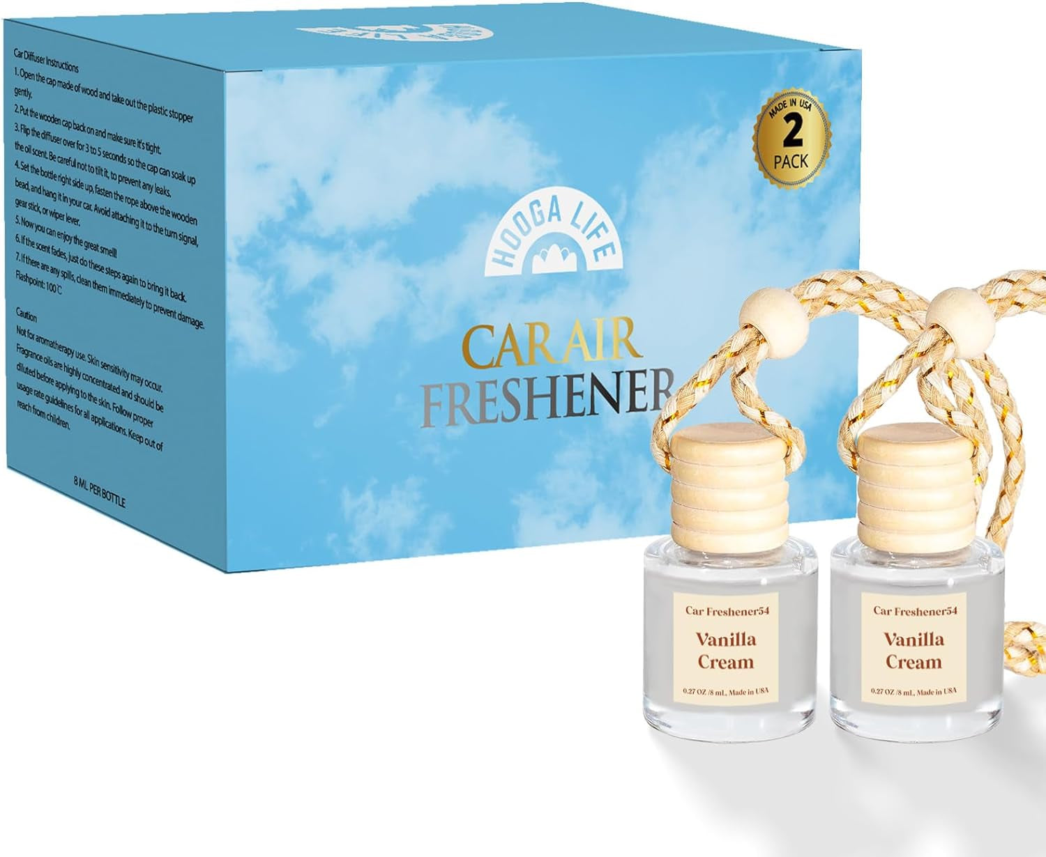 Vanilla Cream Car Air Freshener Diffuser - 2 Pack, Long Lasting 45+ Days, Made in USA