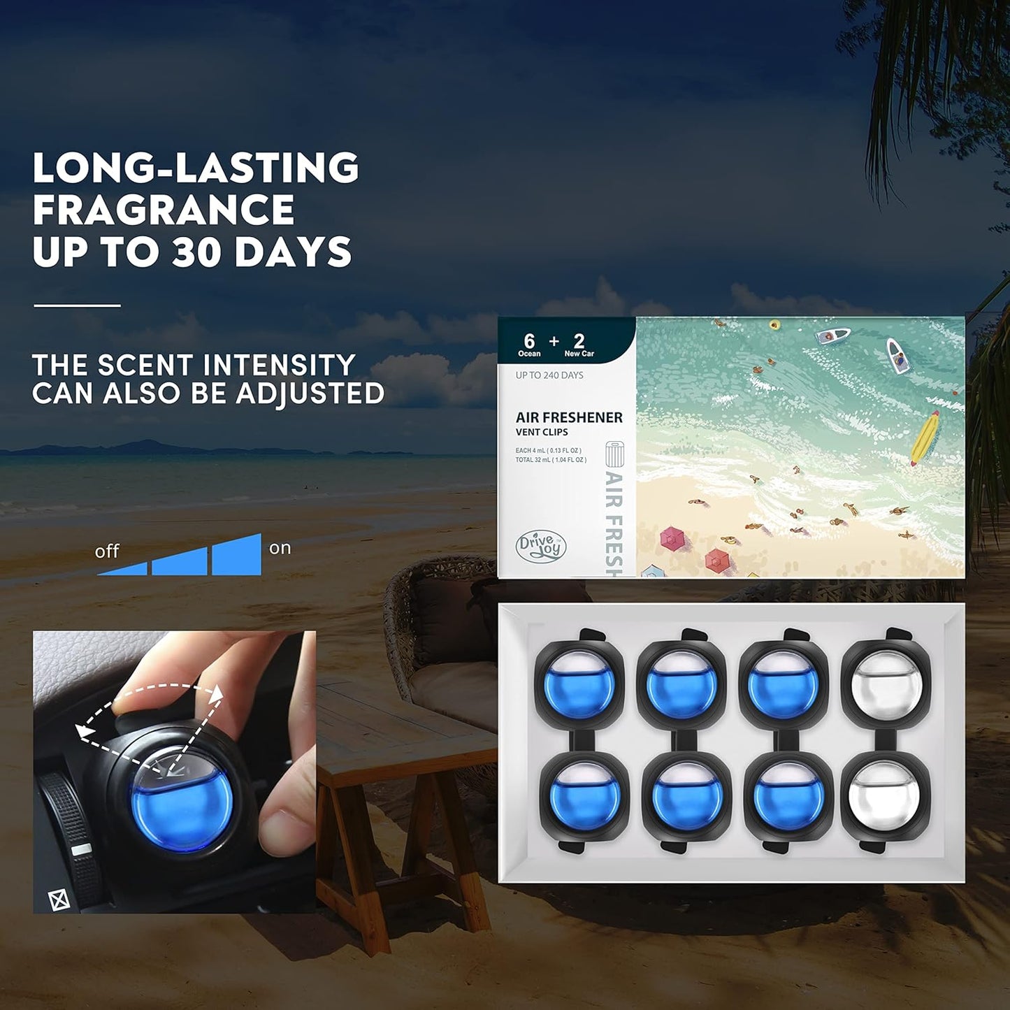 Ultimate Car Air Freshener Vent Clips - 8 Pack with 6 Ocean & 2 New Car Scents, Lasts Up to 240 Days, Perfect Odor Eliminator for Men & Women