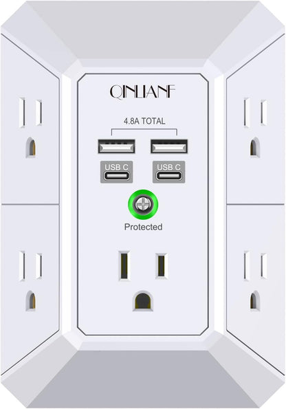 5-Outlet Wall Charger and Surge Protector with 4 USB Charging Ports (4.8A Total) - 3-Sided Power Strip Multi-Plug Adapter for Home, Travel, and Office (Model 3U1C)