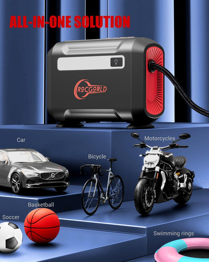 R8 Portable Tire Inflator - Fast 3X Inflation Air Compressor with Dual Digital Screen for Car, Bike, and Sports Equipment
