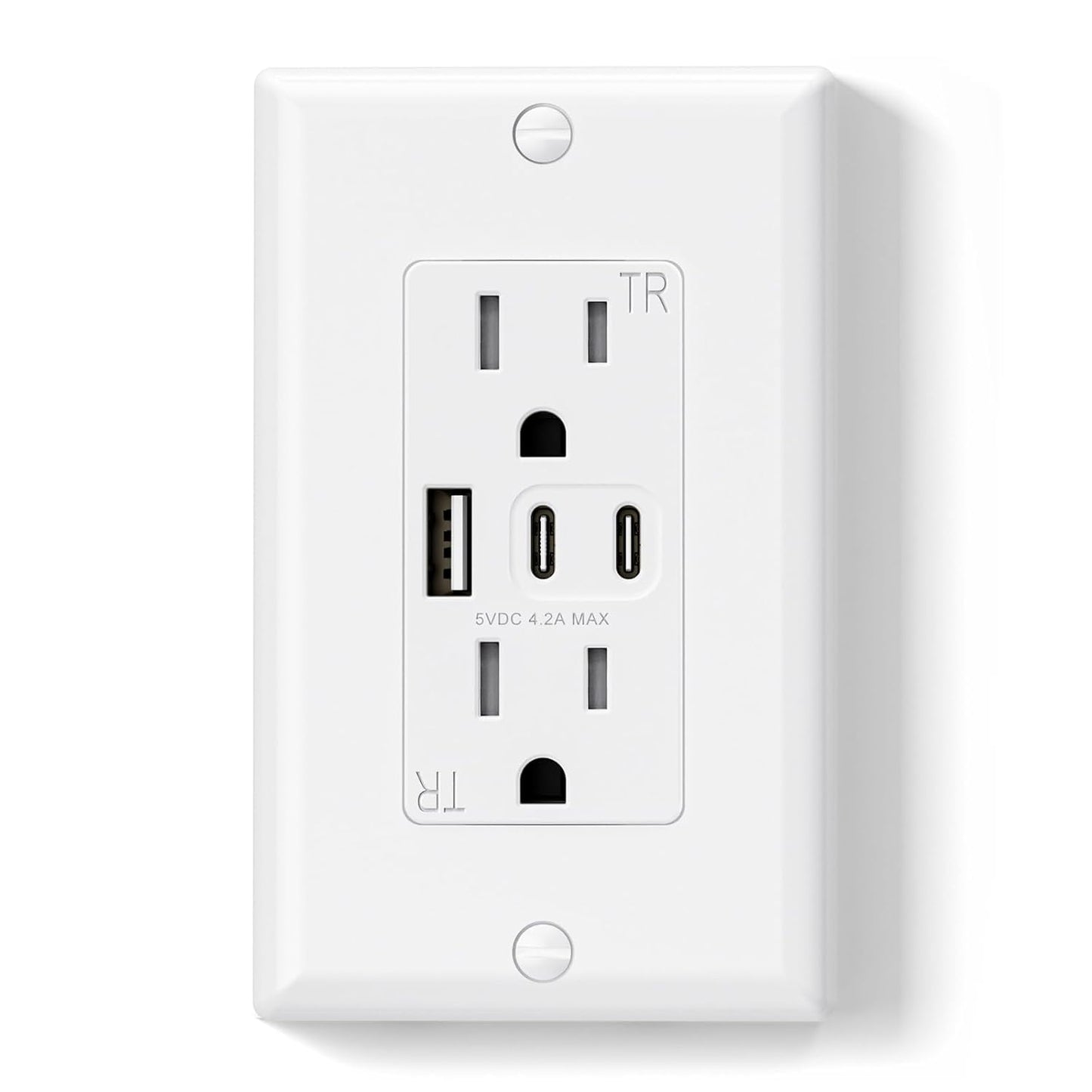 15 Amp Wall Outlet with 3 USB Ports, Dual USB-C Ports, Tamper-Resistant Design, Includes Wall Plate, UL/CUL Listed, Black, 1 Pack