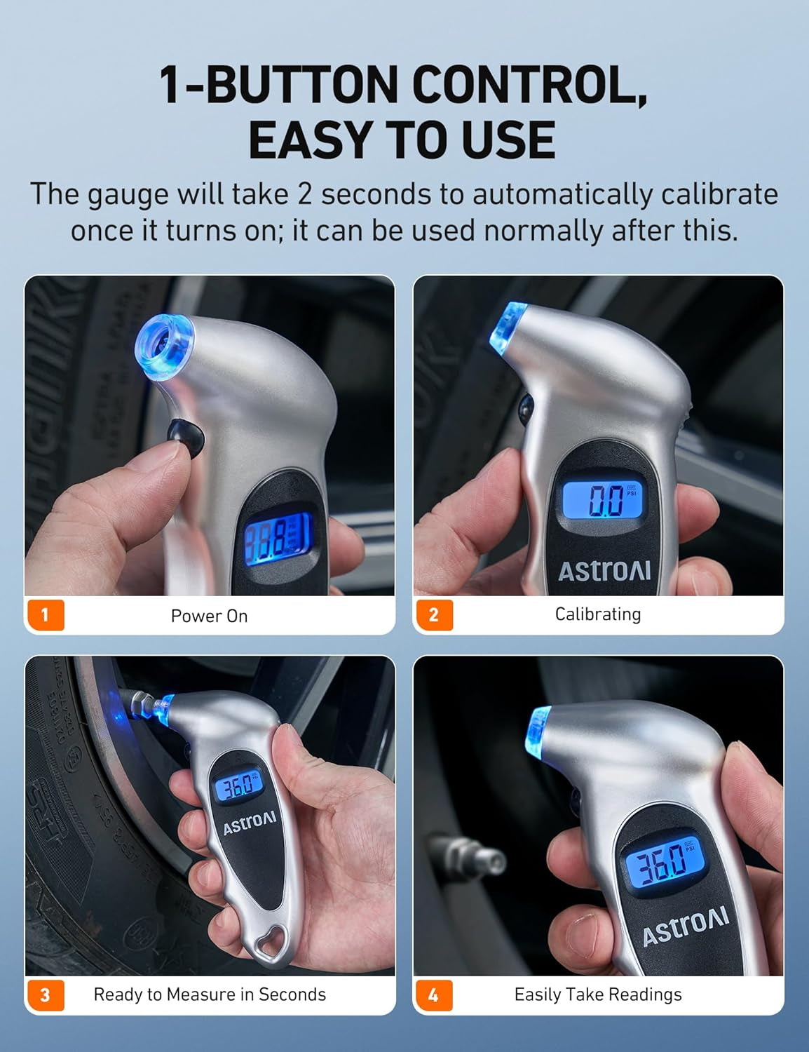 Digital Tire Pressure Gauge 0-150PSI - Accurate to 0.1 PSI, Backlight LCD, Presta Valve Adaptor - Perfect Stocking Stuffer for Cars, Trucks, and Bicycles - Sleek Silver Design