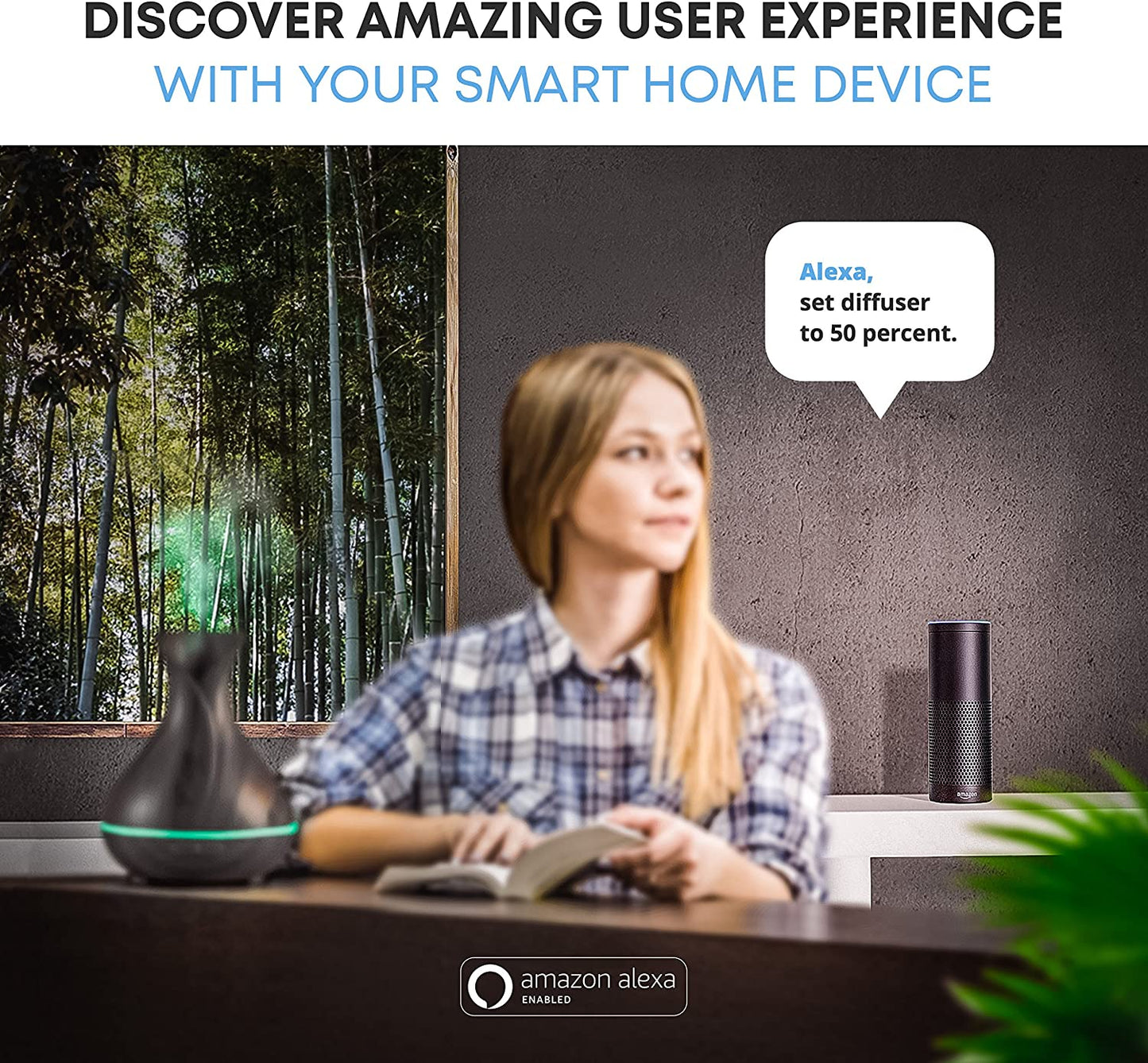 Smart WiFi Essential Oil Aromatherapy Ultrasonic Diffuser and Humidifier - 400ml, Alexa and Google Home Compatible, Voice Control, LED and Timer Features, Dark Brown