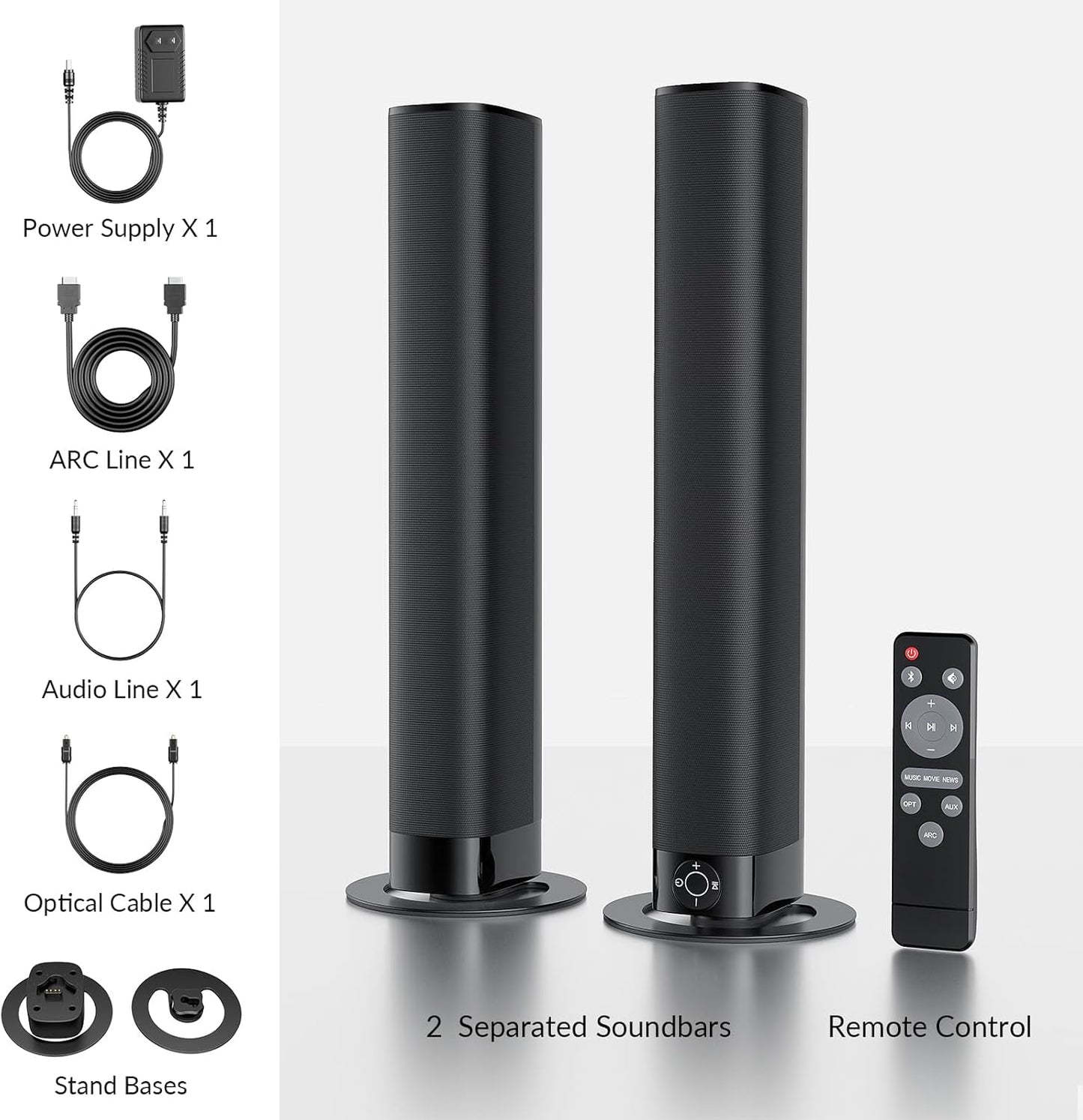 Premium Sound Bar for Smart TVs - Bluetooth, ARC, Optical, and AUX Connectivity, Auto Volume Boost, 3 Equalizer Modes, 2-in-1 Detachable Design for TVs, PCs, Gaming, and Projectors