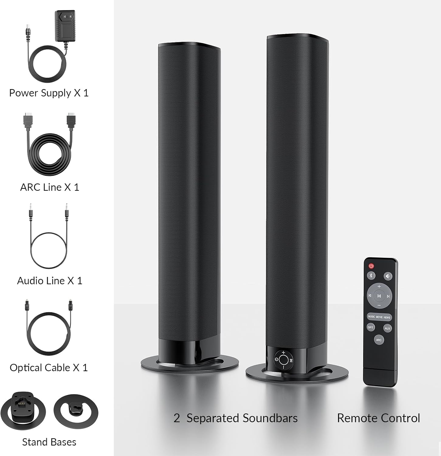 Premium Sound Bar for Smart TVs - Bluetooth, ARC, Optical, and AUX Connectivity, Auto Volume Boost, 3 Equalizer Modes, 2-in-1 Detachable Design for TVs, PCs, Gaming, and Projectors