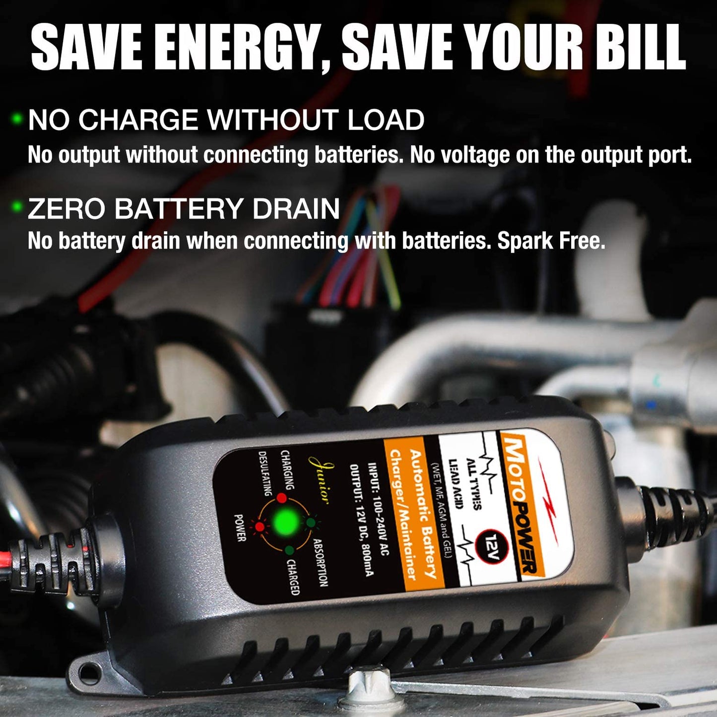 12V 800mA Automatic Battery Charger & Maintainer - Trickle Charge & Desulfator