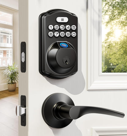 Keyless Fingerprint Door Lock Set - Smart Digital Deadbolt with 2 Lever Handles, Auto-Locking, Easy Install, Matte Black Finish
