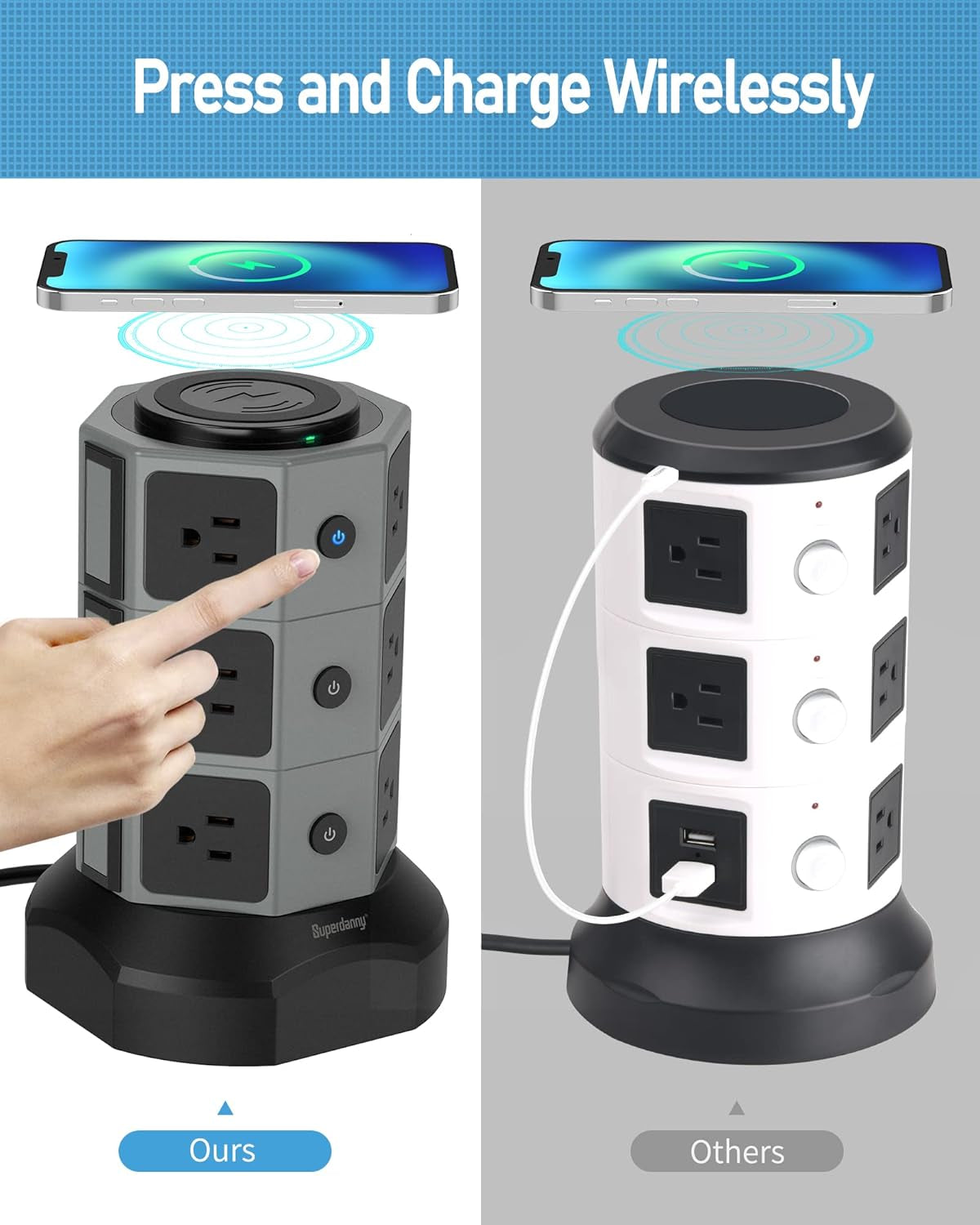 Surge Protector Power Strip Tower with 15W Magnetic Wireless Charger, 1050J, 13A Charging Station featuring 12 AC Outlets and 6 USB Ports, 6.5Ft Extension Cord for Home and Office Use, Grey