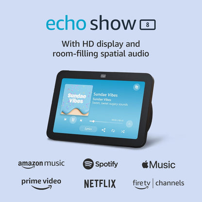 Echo Show 8 with Spatial Audio and Smart Home Hub, Perfect for Open Living Spaces, Featuring Alexa, Charcoal