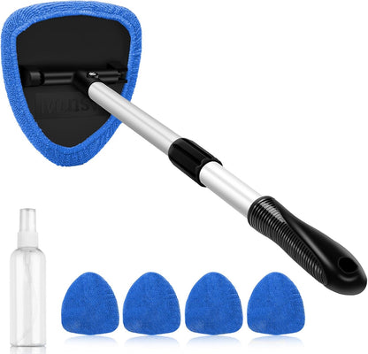 Ultimate Windshield Cleaner Tool - Car Interior Detailing Kit with Extendable Handle & 4 Reusable Microfiber Pads, Perfect for Auto Glass Wiping - 15.9In-21In, Blue