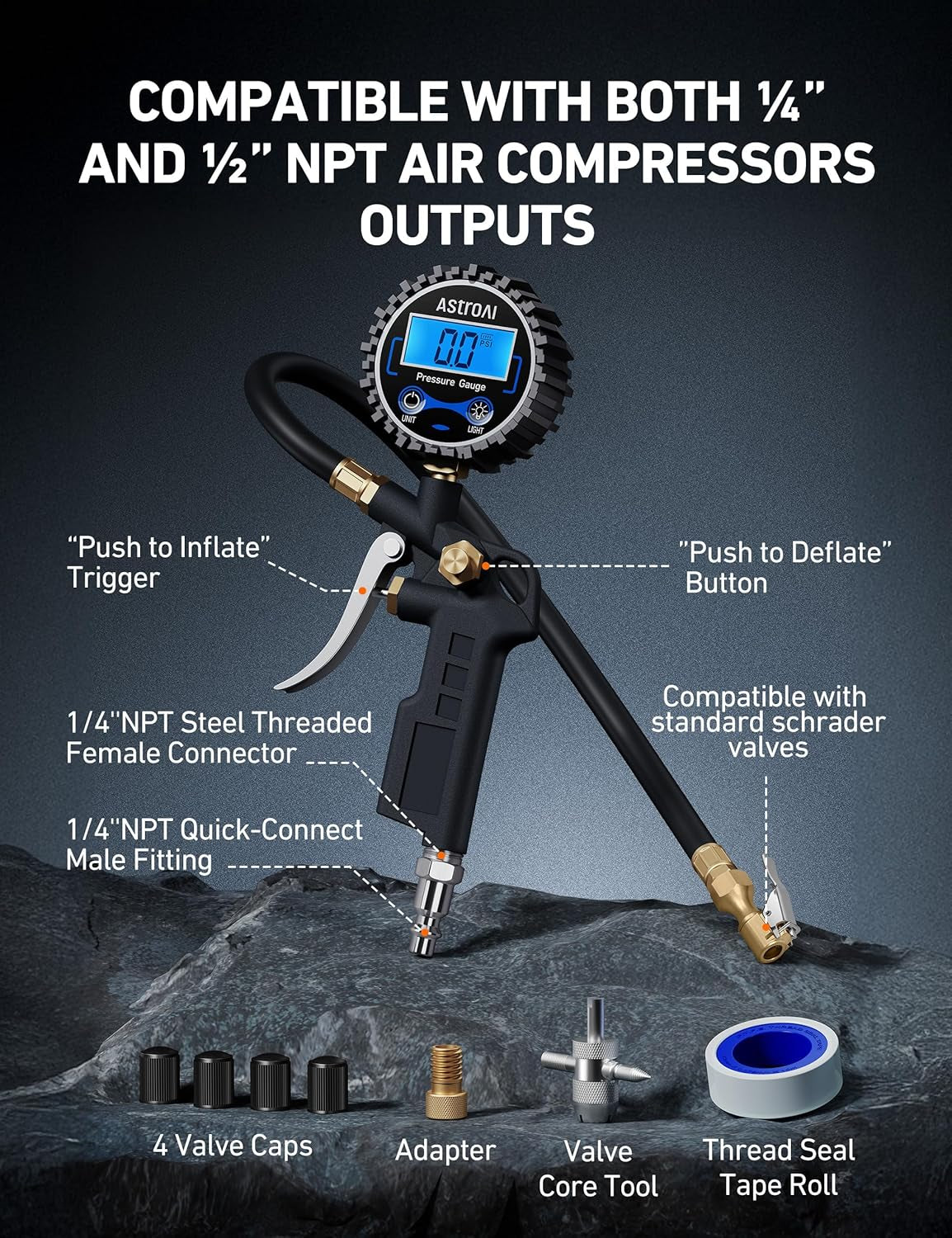 Heavy Duty Digital Tire Pressure Gauge & Inflator - 3-250 PSI with Quick Connect Coupler & 0.1 Display Resolution