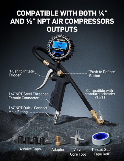 Heavy Duty Digital Tire Pressure Gauge & Inflator - 3-250 PSI with Quick Connect Coupler & 0.1 Display Resolution