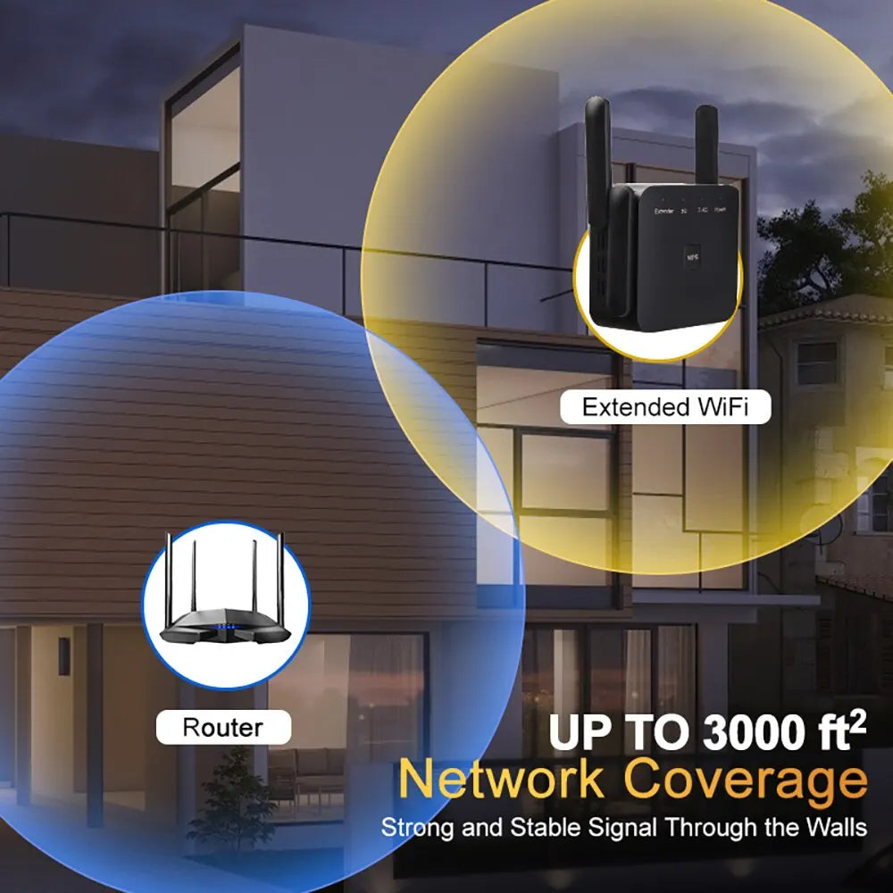 AC1200 Dual-Band 5GHz Wi-Fi Repeater and Signal Booster - Long Range 1200Mbps Wireless Extender in Black