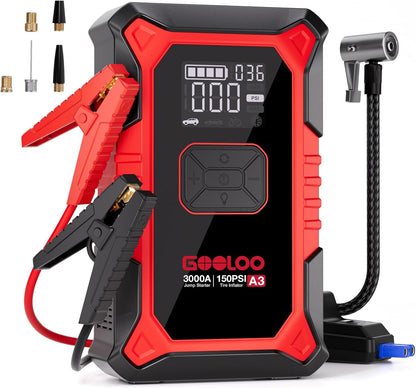 Powerful A3 Jump Starter & Air Compressor - 3000A Portable Car Battery Booster for Gas & Diesel Vehicles with 150PSI Auto-Shutoff Tire Inflator