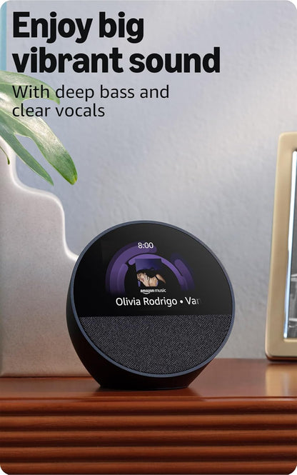 Echo Spot Smart Alarm Clock with Alexa - Ideal for Nightstands, Offices, and Kitchens, Black