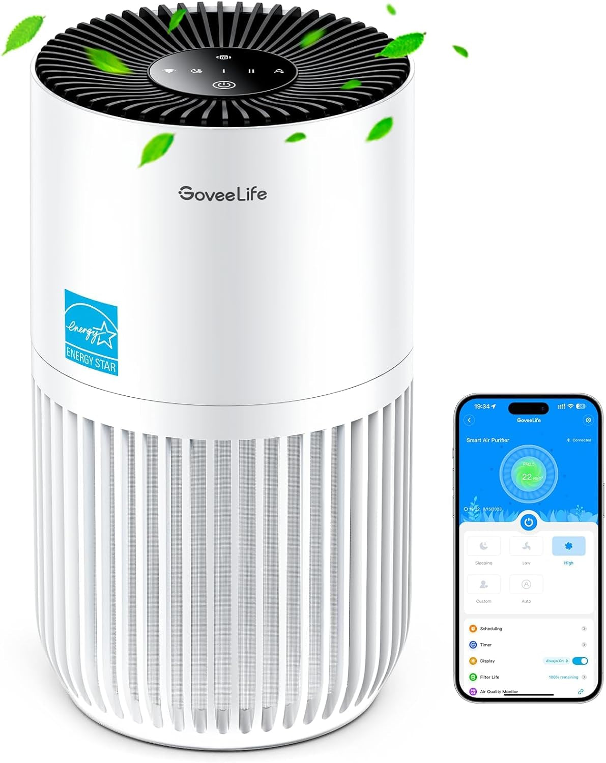 Compact Smart Air Purifier for Bedrooms with App and Alexa Control - Efficiently Removes Pet Hair, Odors, Pollen, and Smoke - Portable with 3 Speed Settings, 2 Modes, Timer, and Aroma Function for Home Use