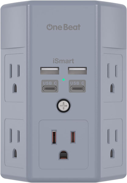 1680J 3-Sided Power Strip with Surge Protection, 5 Outlet Expander, 4 USB Ports (USB-C), Wall Mount Charger, Outlet Splitter Adapter for Home, Travel, and Office, ETL Listed, White