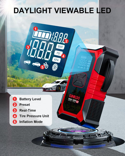 Powerful A3 Jump Starter & Air Compressor - 3000A Portable Car Battery Booster for Gas & Diesel Vehicles with 150PSI Auto-Shutoff Tire Inflator