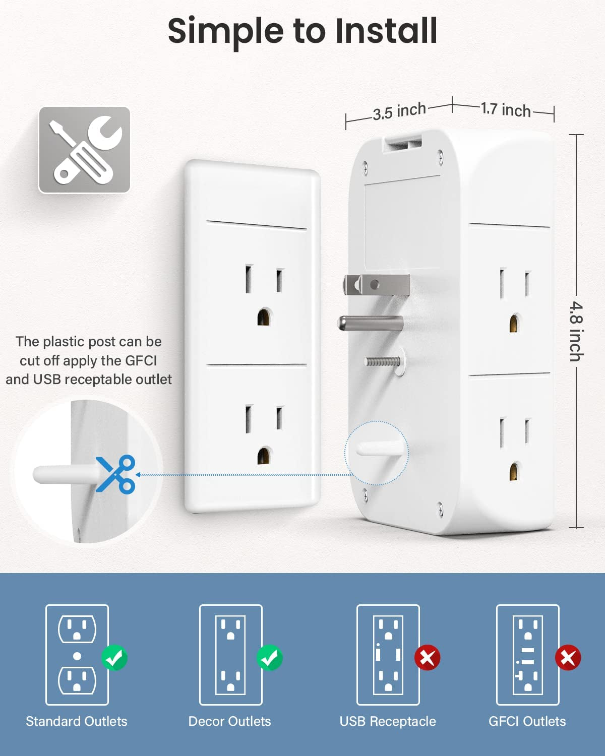 3-Sided Multi-Plug Power Strip with Shelf, Night Light, Surge Protection, and USB Wall Charger - 5 AC Outlets, 3 USB Ports, and 1 USB-C Port, White