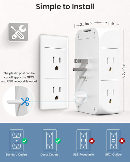 3-Sided Multi-Plug Power Strip with Shelf, Night Light, Surge Protection, and USB Wall Charger - 5 AC Outlets, 3 USB Ports, and 1 USB-C Port, White