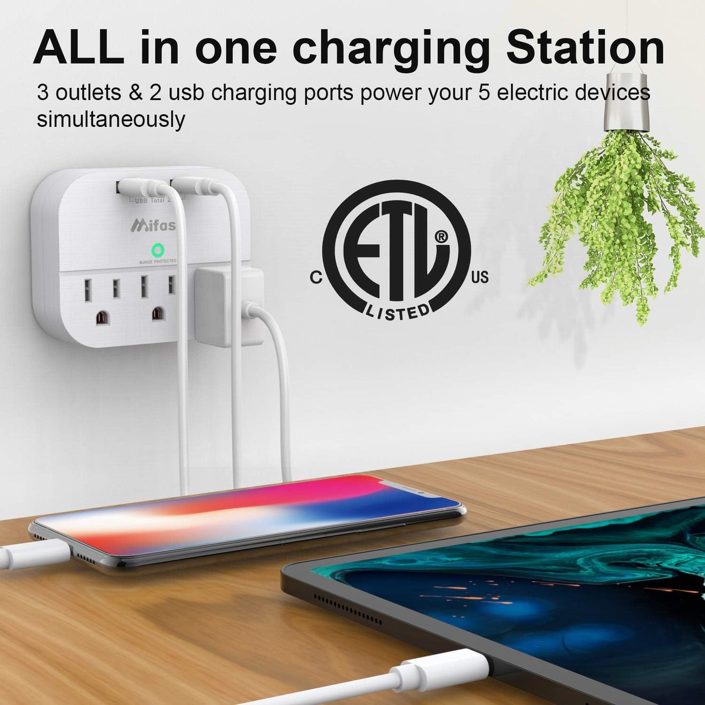 3-Outlet Surge Protector with Dual USB Wall Charger (Smart 2.4A) - Multi-Plug Outlet Extender for Home, Office, and Travel - 490 Joules, White