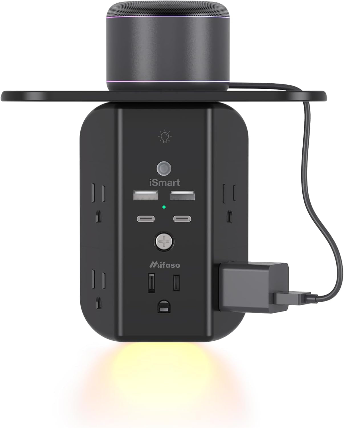 3-Sided Multi-Plug Power Strip with Shelf, Night Light, Surge Protection, and USB Wall Charger - 5 AC Outlets, 3 USB Ports, and 1 USB-C Port, White