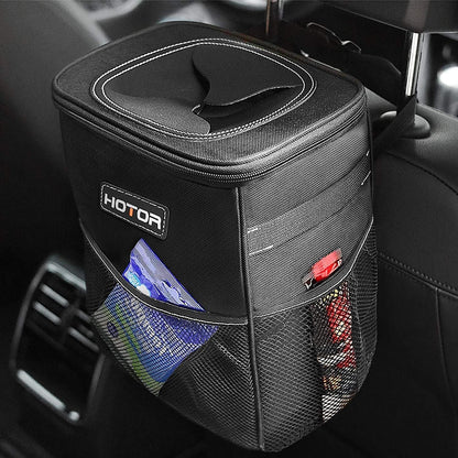 Ultimate Car Trash Can with Lid & Storage Pockets - 100% Leak-Proof, Waterproof, 2 Gallon Multipurpose Organizer - Sleek Black Design