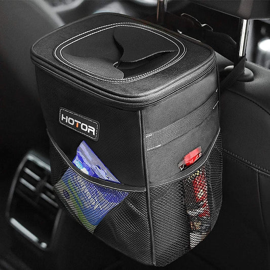 Ultimate Car Trash Can with Lid & Storage Pockets - 100% Leak-Proof, Waterproof, 2 Gallon Multipurpose Organizer - Sleek Black Design