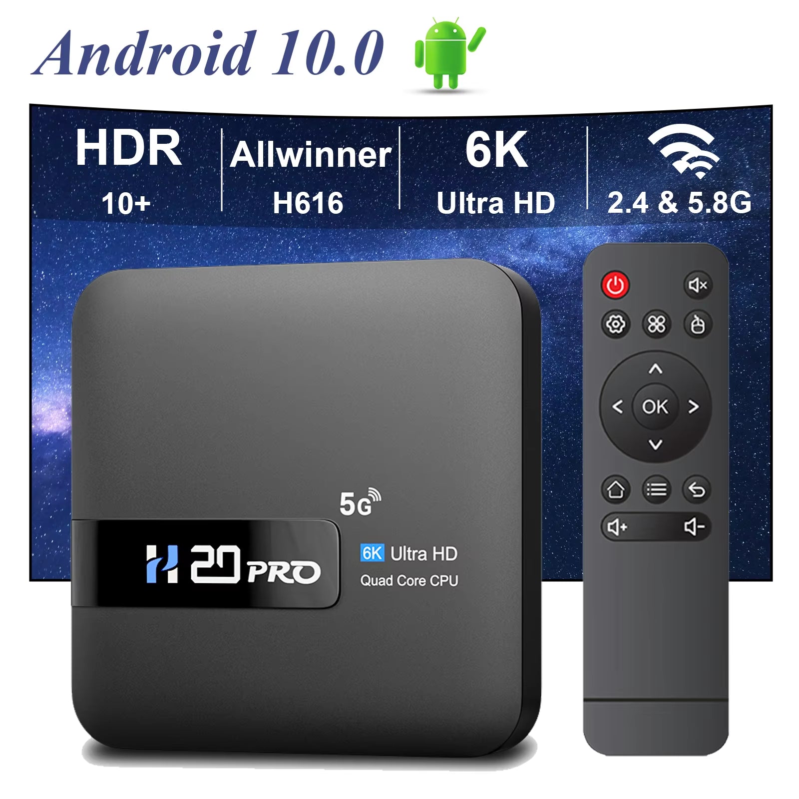 H20PRO Android TV Box - Android 10.0, 2GB RAM, 16GB Storage, Dual Band Wi-Fi, 4K Media Player, Supports 1080P Streaming, Access to Android Play Store