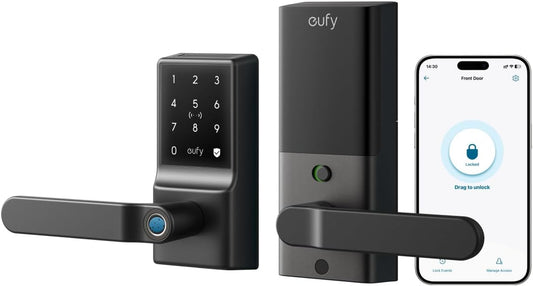 Eufy Smart Lock C33 - Keyless Entry Fingerprint Door Lock with Handle, Wi-Fi Remote Control, IP53 Waterproof, Perfect for Front Doors and Bedrooms - Sleek Black Design