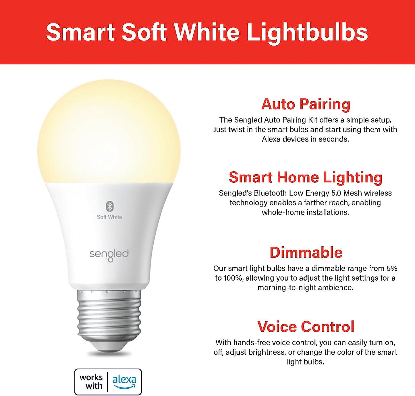 Alexa-Compatible Smart Light Bulb, S1 Auto Pairing, Warm White, Bluetooth Mesh Technology, E26 Base, 60W Equivalent, 800 Lumens, Single Pack