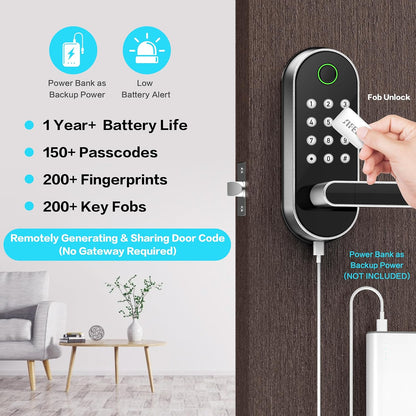 Smart Fingerprint Keyless Entry Lock with Keypad & Handle - Biometric Electronic Deadbolt for Front, Interior, and Bedroom Doors (Silver)