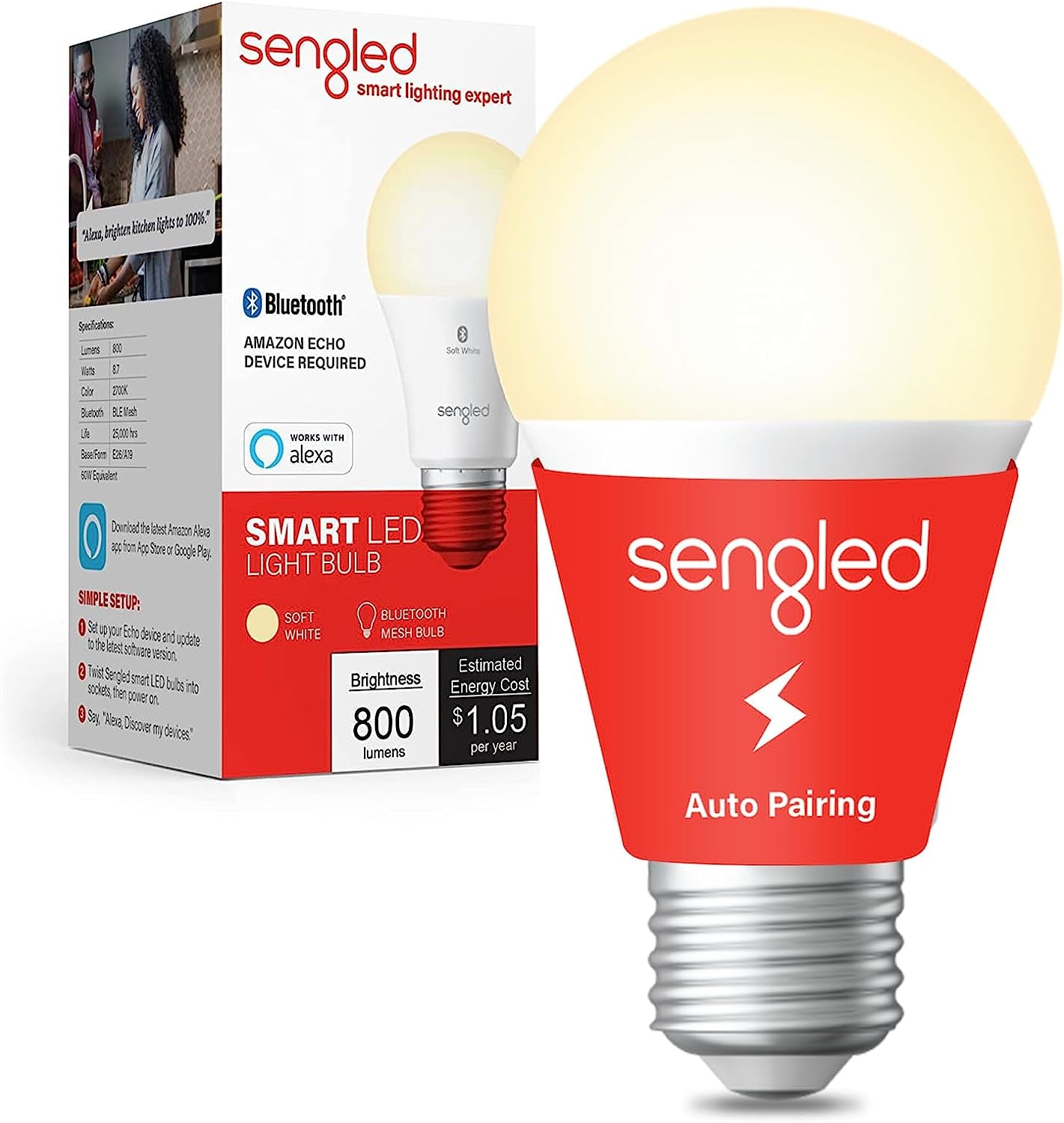 Alexa-Compatible Smart Light Bulb, S1 Auto Pairing, Warm White, Bluetooth Mesh Technology, E26 Base, 60W Equivalent, 800 Lumens, Single Pack