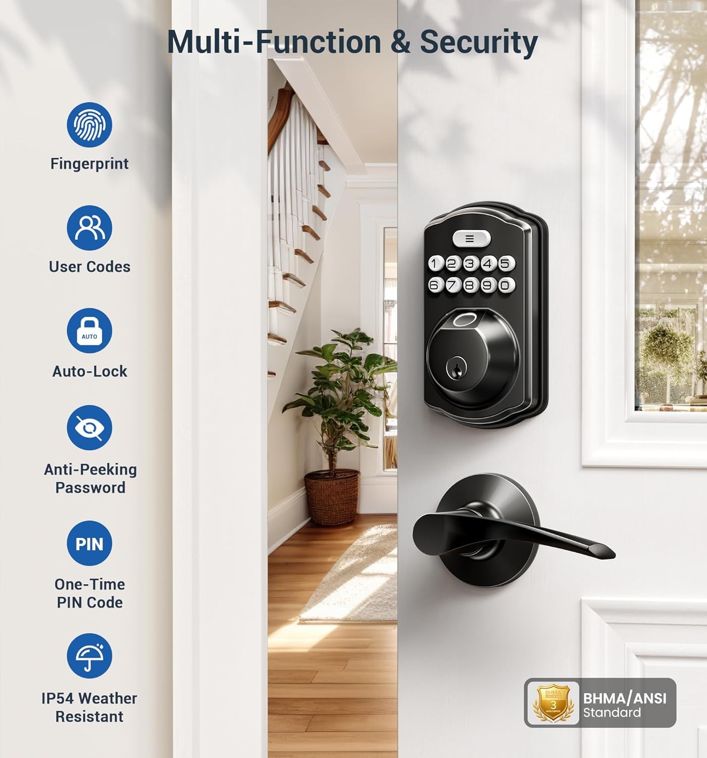 Keyless Fingerprint Door Lock Set - Smart Digital Deadbolt with 2 Lever Handles, Auto-Locking, Easy Install, Matte Black Finish