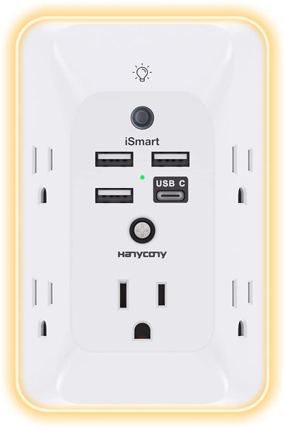 Multi-Functional Outlet Extender with Night Light, USB Wall Charger Surge Protector, and 4 USB Ports (including 1 USB-C) for Home, Office, and Dorm Room - ETL Certified