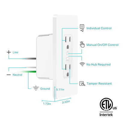 In-Wall Smart Wi-Fi Outlet KP200, Compatible with Alexa, Google Home & IFTTT, Hub-Free Remote Control, ETL Certified, White, Single Pack