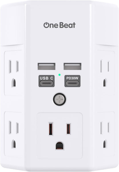 1680J 3-Sided Power Strip with Surge Protection, 5 Outlet Expander, 4 USB Ports (USB-C), Wall Mount Charger, Outlet Splitter Adapter for Home, Travel, and Office, ETL Listed, White