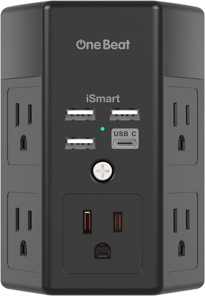 1680J 3-Sided Power Strip with Surge Protection, 5 Outlet Expander, 4 USB Ports (USB-C), Wall Mount Charger, Outlet Splitter Adapter for Home, Travel, and Office, ETL Listed, White