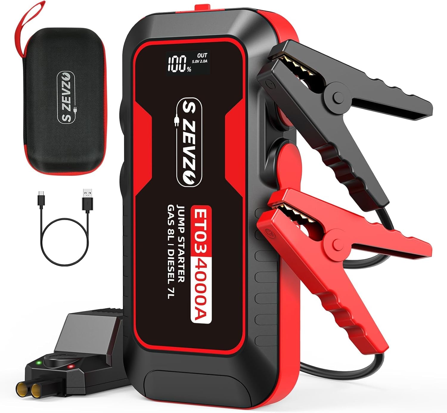 Powerful ET03 Car Jump Starter - 4000A Battery Pack for 8.0L Gas & 7.0L Diesel Engines, 74Wh Portable 12V Jump Box with USB Ports, LCD Display, LED Light & Storage Case