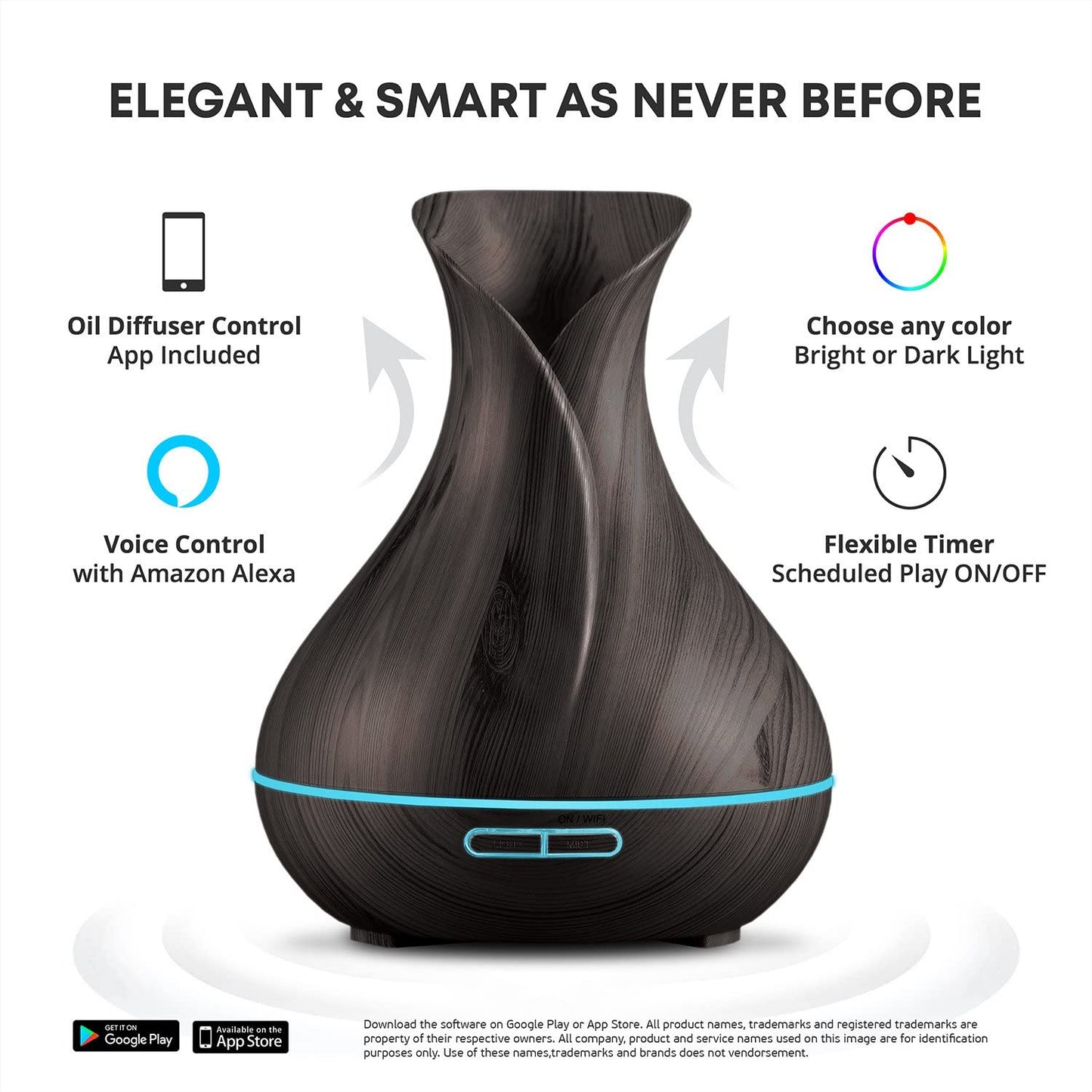 Smart WiFi Essential Oil Aromatherapy Ultrasonic Diffuser and Humidifier - 400ml, Alexa and Google Home Compatible, Voice Control, LED and Timer Features, Dark Brown