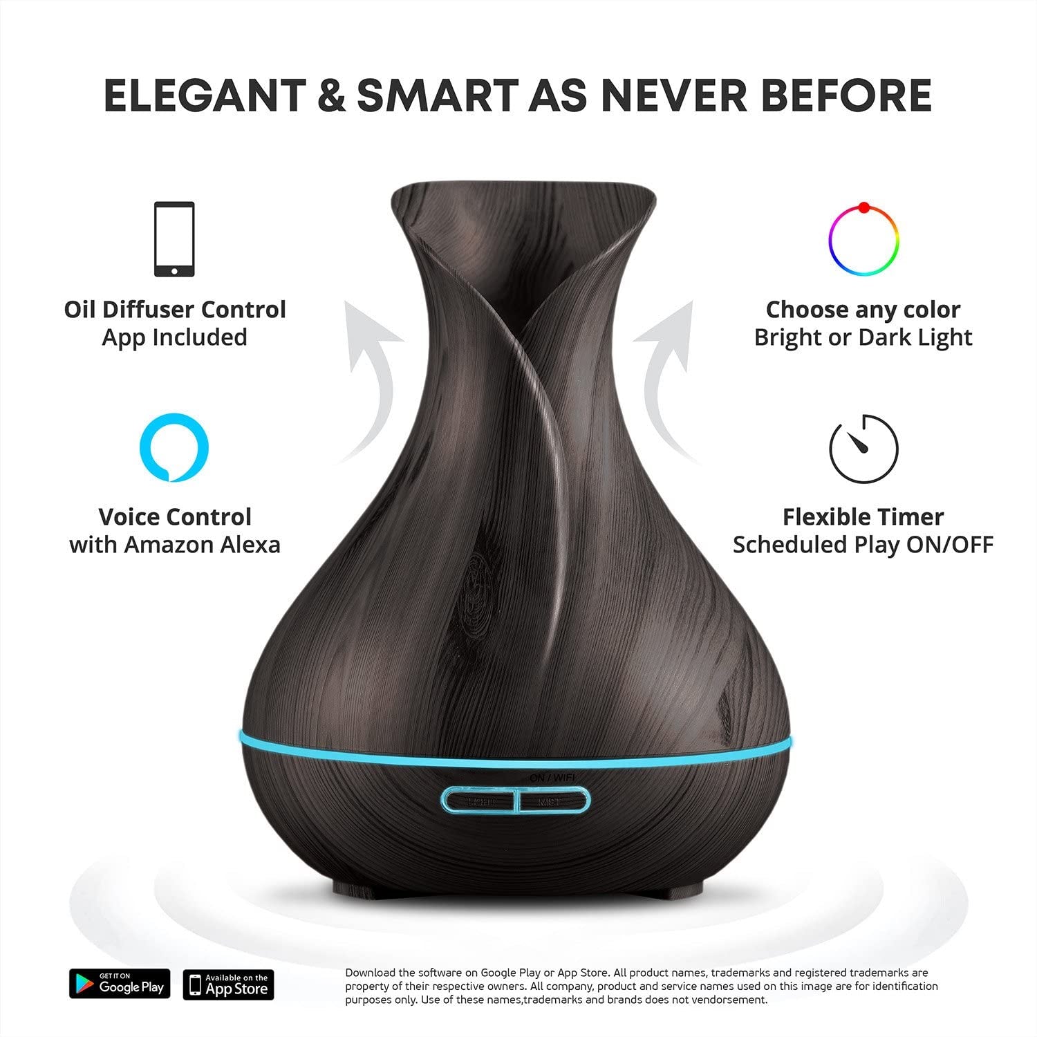 Smart WiFi Essential Oil Aromatherapy Ultrasonic Diffuser and Humidifier - 400ml, Alexa and Google Home Compatible, Voice Control, LED and Timer Features, Dark Brown
