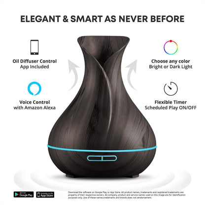 Smart WiFi Essential Oil Aromatherapy Ultrasonic Diffuser and Humidifier - 400ml, Alexa and Google Home Compatible, Voice Control, LED and Timer Features, Dark Brown