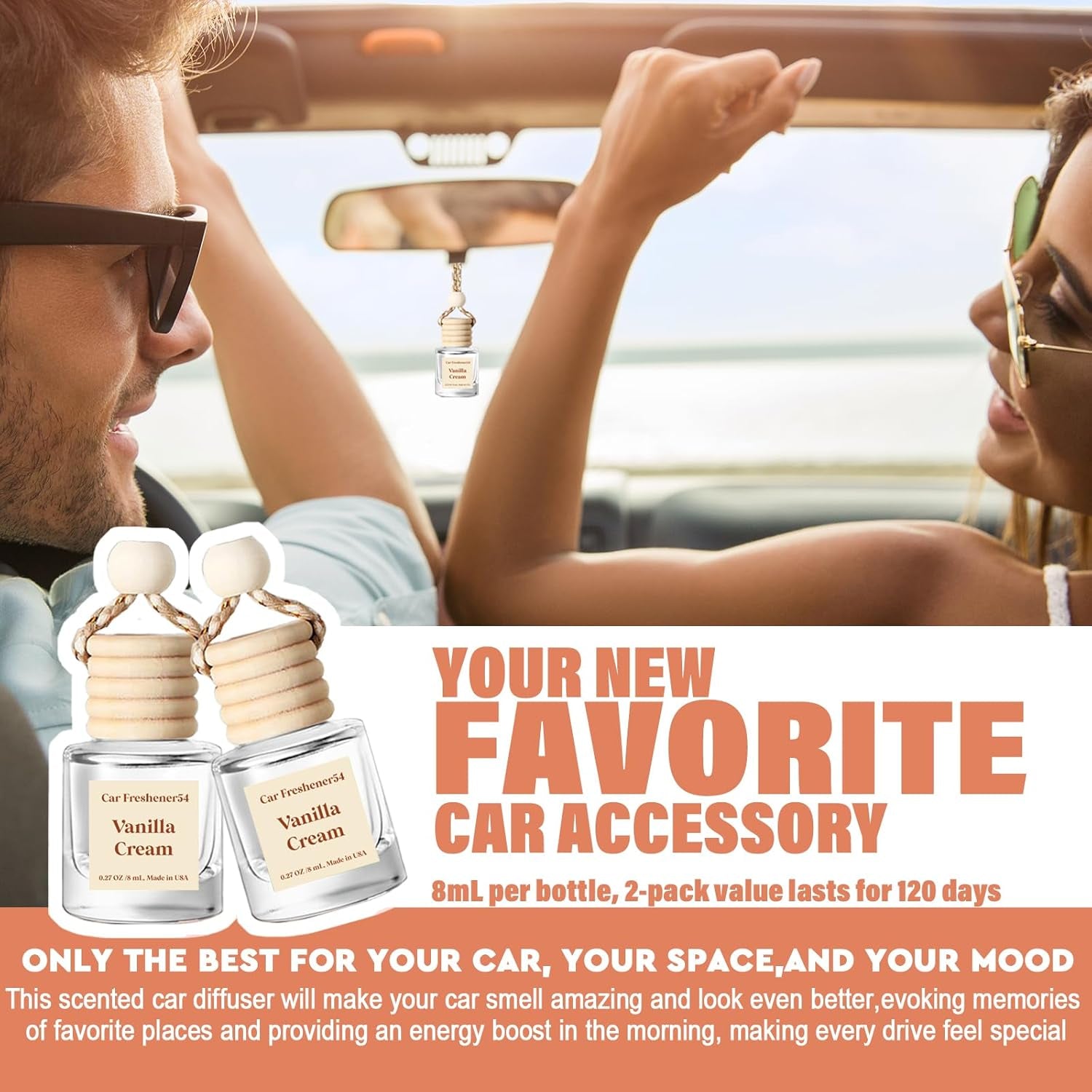 Vanilla Cream Car Air Freshener Diffuser - 2 Pack, Long Lasting 45+ Days, Made in USA